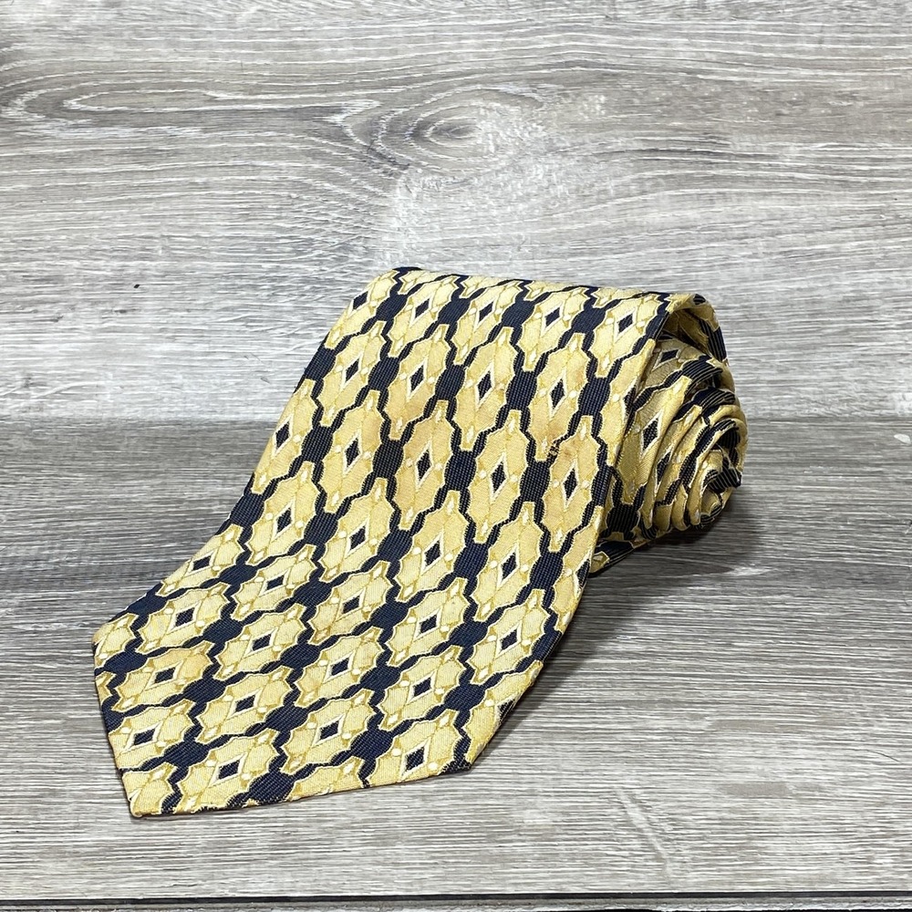 VINTAGE Charvet Tie Mens Gold Black Geometric Diamond Jacquard Polyester‎ 90s